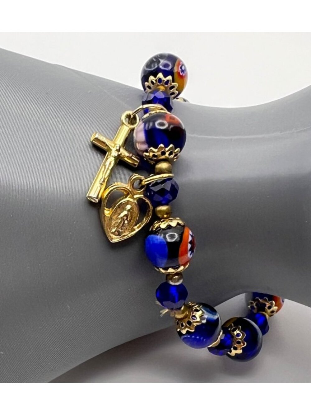Millefiori Glass Rosary Bracelet Blue Crucifix Virgin Mary Catholic Stretch